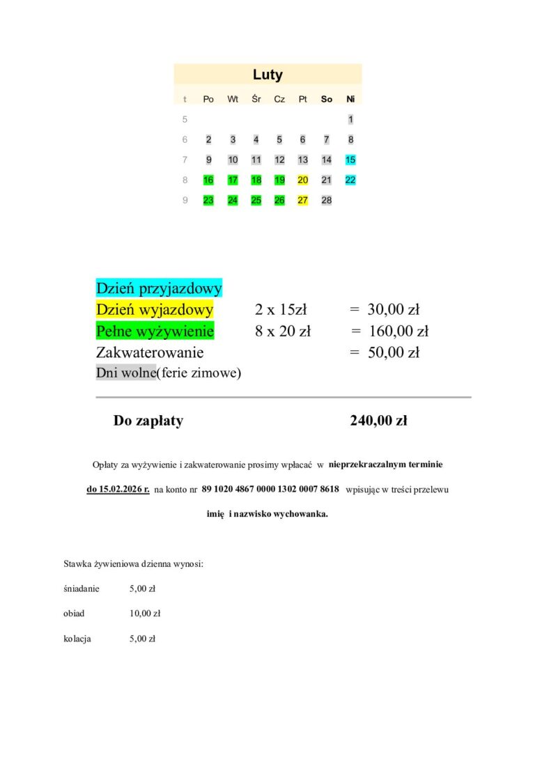 Tabela opłat - luty
